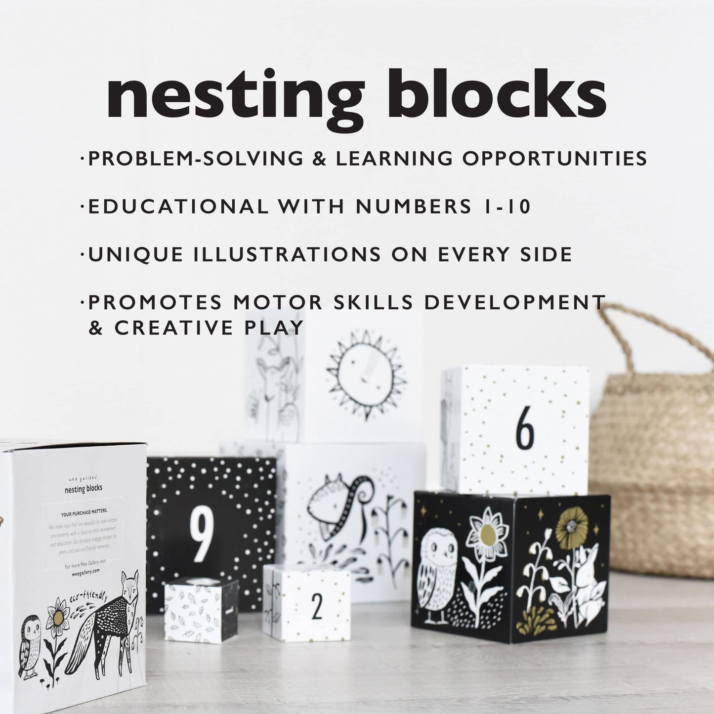 Wee Gallery Nesting Blocks - Woodland Animals And Numbers, Black And White Stacking And Building Toy For Toddlers And Kids, Motor Skills, Creative Play And Problem Solving For Children (Age 2 And Up)