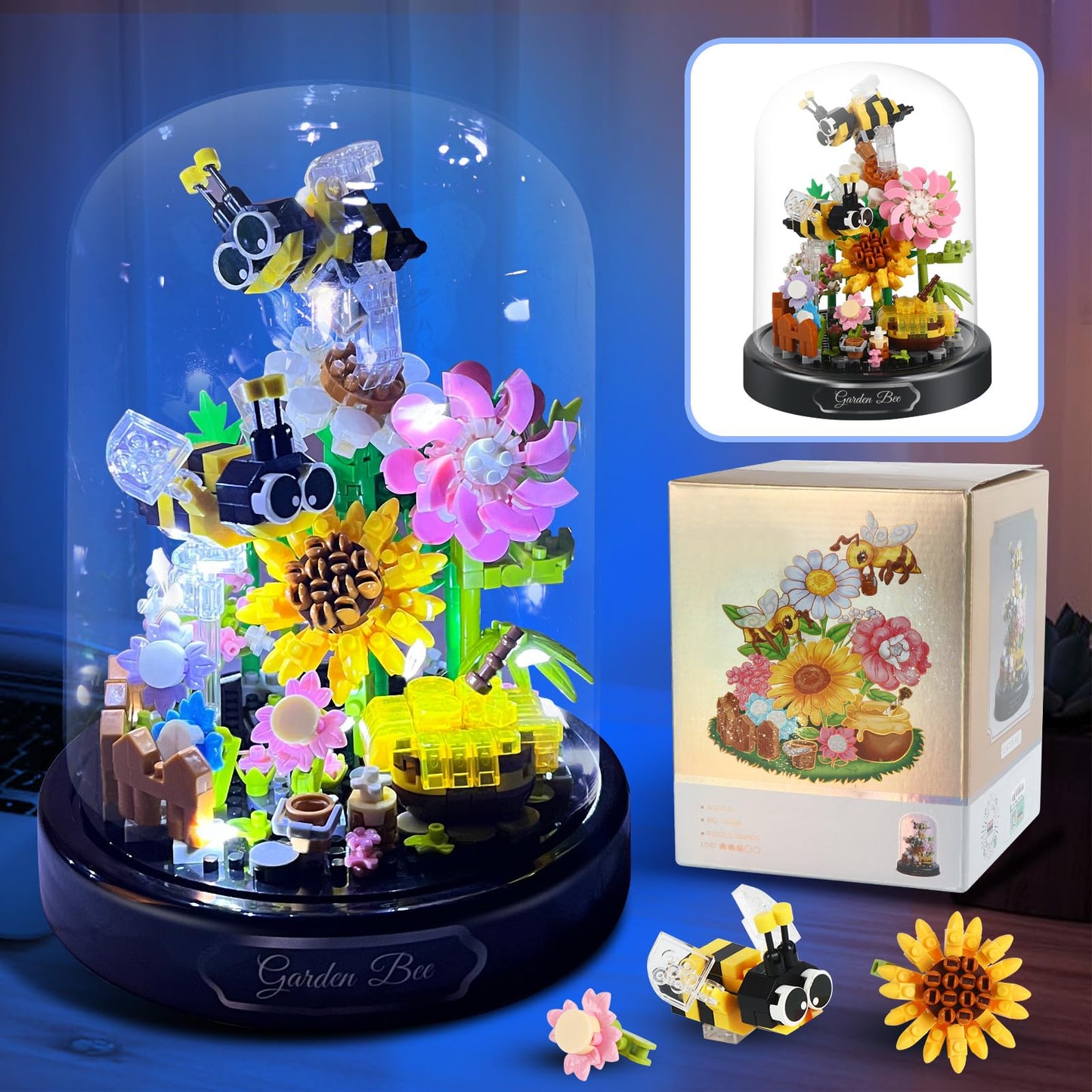 ZQJKLE Flower Bee Bouquet Building Blocks with LED String Light, Bee Flowers Botanical Collection, 588 Pcs Mini Bricks Toy for B
