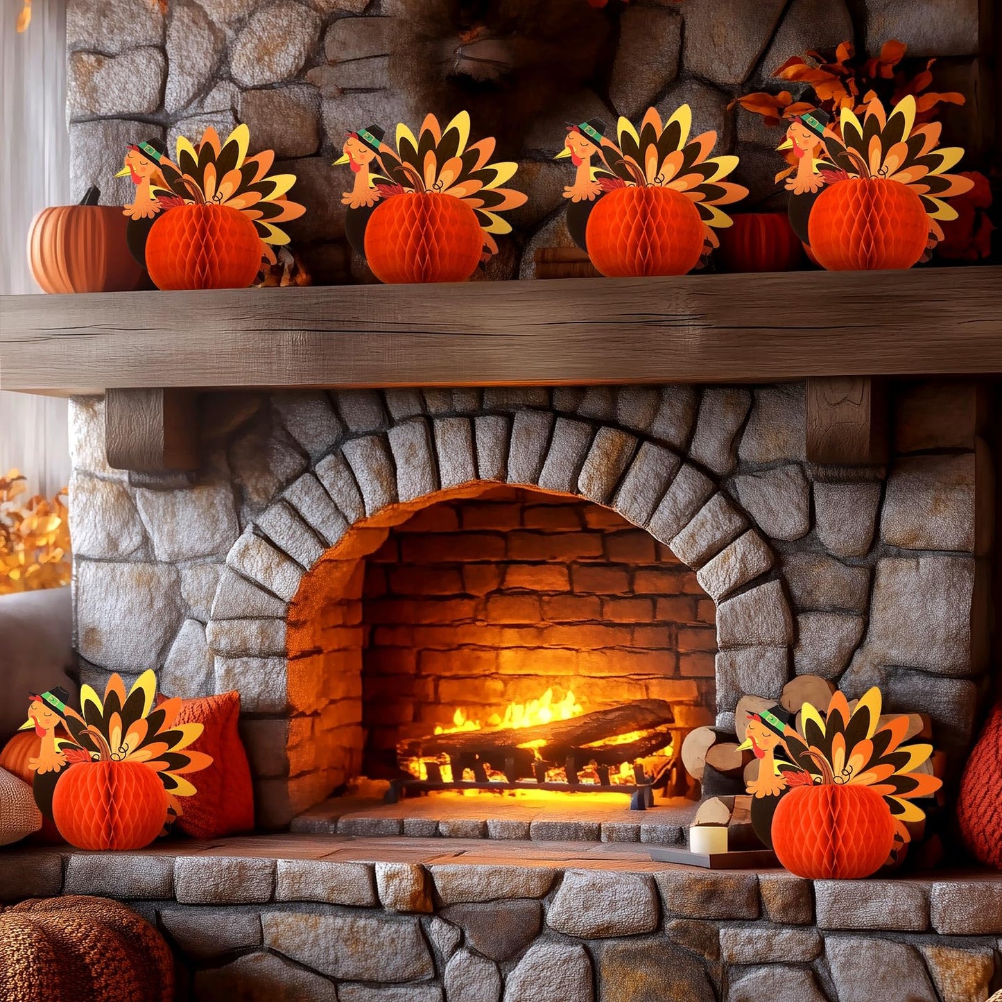 Fourluoo 6 Pcs Thanksgiving Table Centerpiece Decorations Paper Turkey Decor Thanksgiving Honeycomb Decorations 3D Paper Turkey