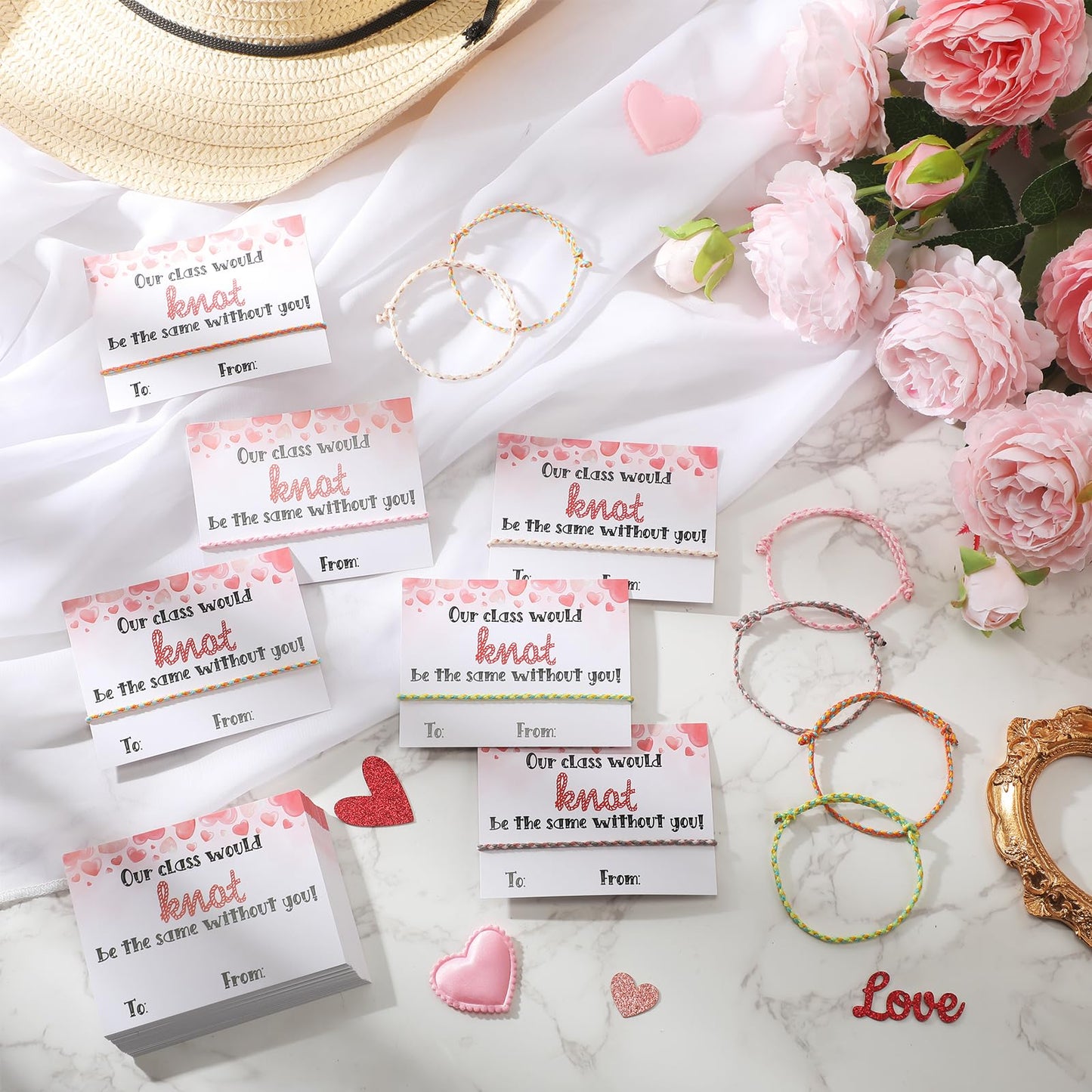 Riceshoot 60 Sets Valentine Gifts for Kids Classroom Neon Bracelets Rope Bracelets Valentines Day Gift Cards Our Class Will Knot
