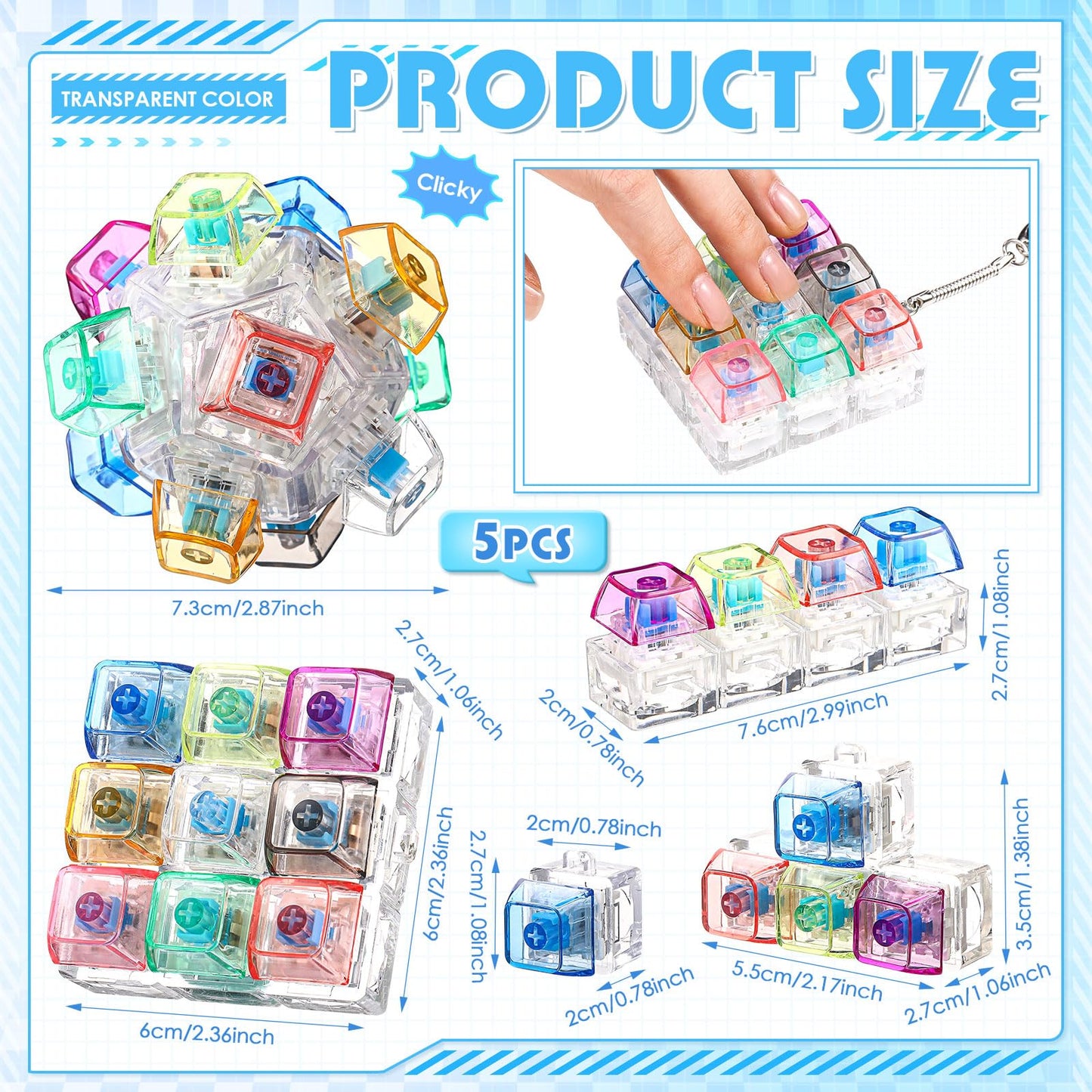 Halloscume 5 Pcs Keyboard mature-themed Fidget Toy Clicker Toy in 5 Styles Keyboard Fidget Keychain Cube Mechanical Key Button Clicker Stress Relief Gift for Office Home Pass Time(Color Transparent)