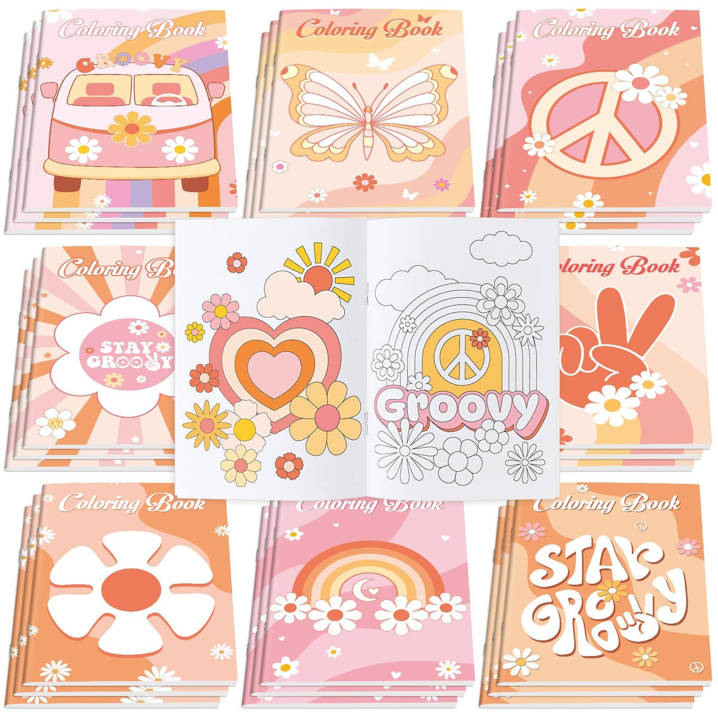 Honoson 24 Pcs Hippie Boho Coloring Books Kids Stay Groovy Drawing Book Peace Sign Mini Coloring Book Daisy Rainbow Hippie Bus A