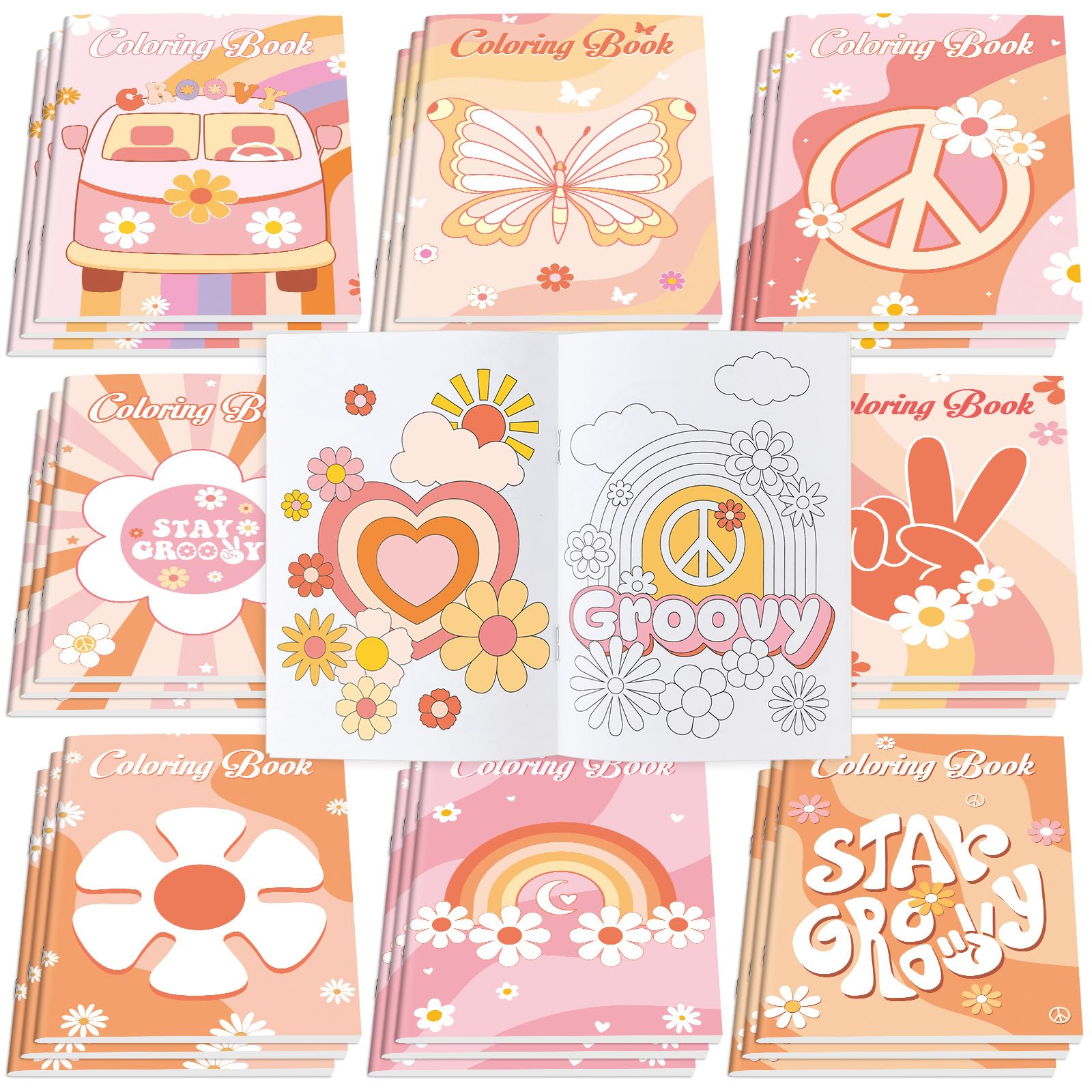 Honoson 24 Pcs Hippie Boho Coloring Books Kids Stay Groovy Drawing Book Peace Sign Mini Coloring Book Daisy Rainbow Hippie Bus A