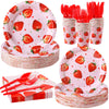 Ziliny 350 Pcs Strawberry Party Supplies Tableware Set Disposable 9   7   Paper Plates 9 oz Cups Cutlery Napkins Dinnerware 