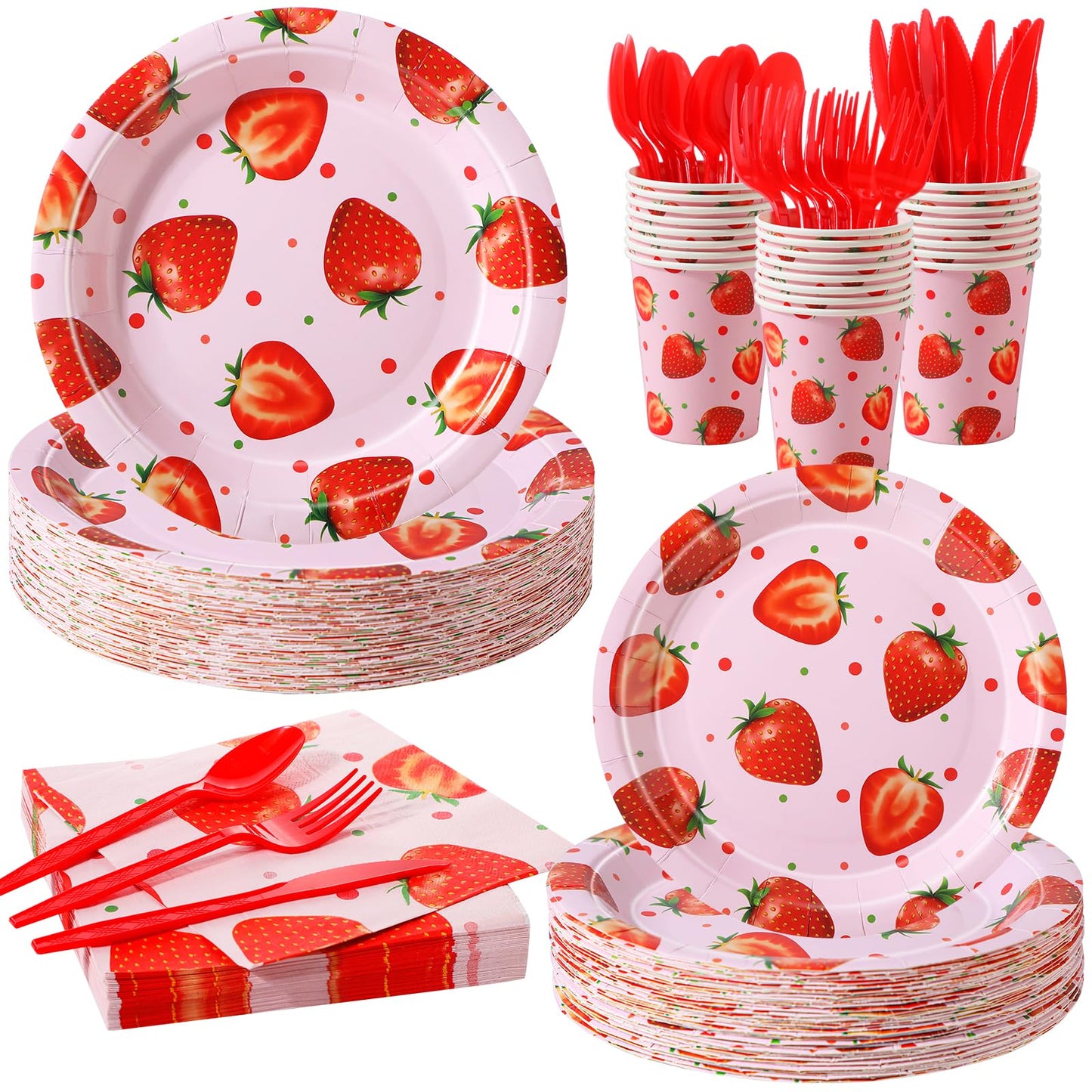 Ziliny 350 Pcs Strawberry Party Supplies Tableware Set Disposable 9   7   Paper Plates 9 oz Cups Cutlery Napkins Dinnerware 
