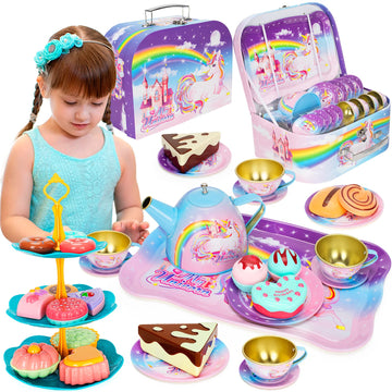 KMUYSL Tea Party Set for Little Girls, Kitchen Pretend Toy for Kids 3 4 5 6 Year Old, Girls Toys with Tin Tea Set, Desserts & Ca