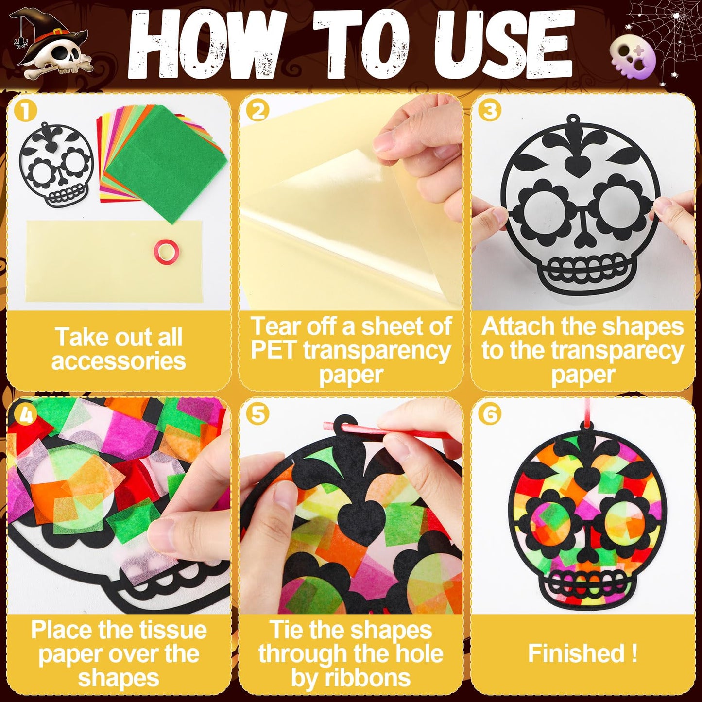 Qyeahkj 36 Set Day of The Dead Suncatchers Crafts for Kids DIY Skull Window Tissue Paper Craft Kit Hanging Decor for Mexico Home