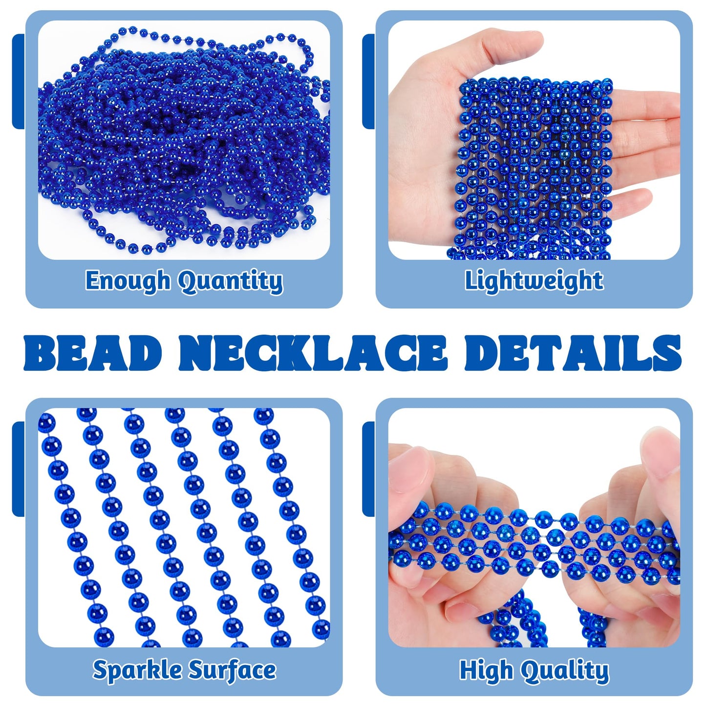 100 Pcs Blue Mardi Gras Beads Necklaces, 33'' Metallic Patriotic Carnival Beaded, 4Th Of July Costume Necklaces Bulk, Mardi Gras