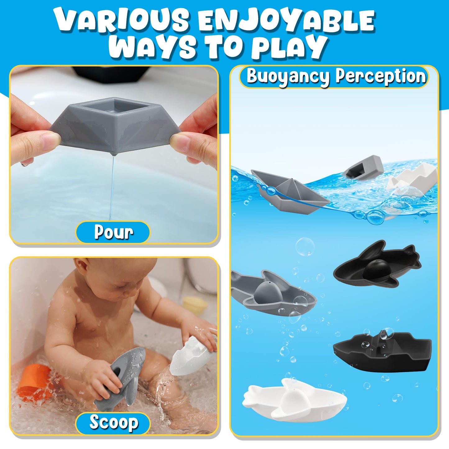 Leeleelon Mold-Free Floating Boats Bath Toys For Toddlers 1-3, 6 Pack, No Hole Bath Toys For Babies 6-12 Months, Water Table Toy