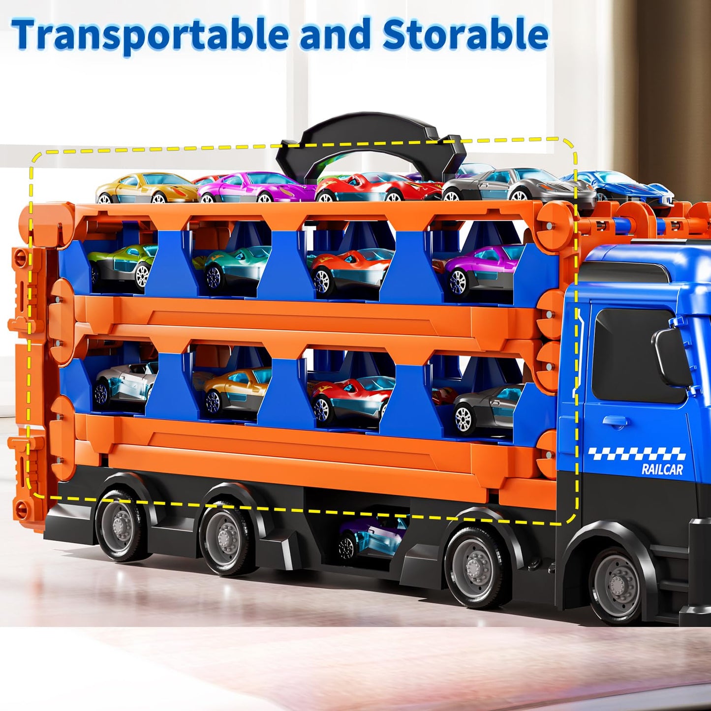 GYYCKTD Cars Truck Set Transport Toy for Kids, Race Track Set with 12 Die-Cast Cars, Trucks Playset, 2-Tier Launching Tracks, Ca