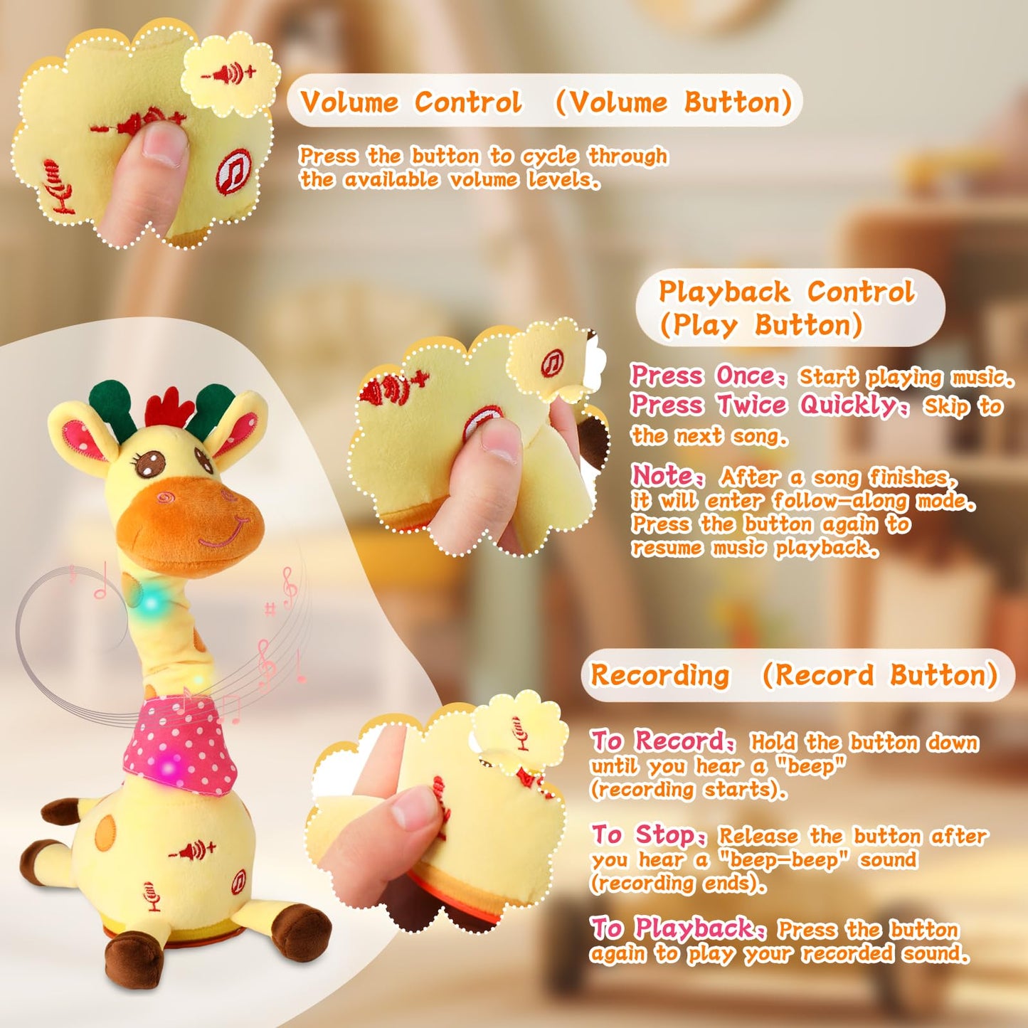 LUKETURE Dancing Talking Giraffe Toy - Plush Interactive Musical Toy for Kids, Repeats Speech, 10 Songs, Cute Gift, LKLU Model