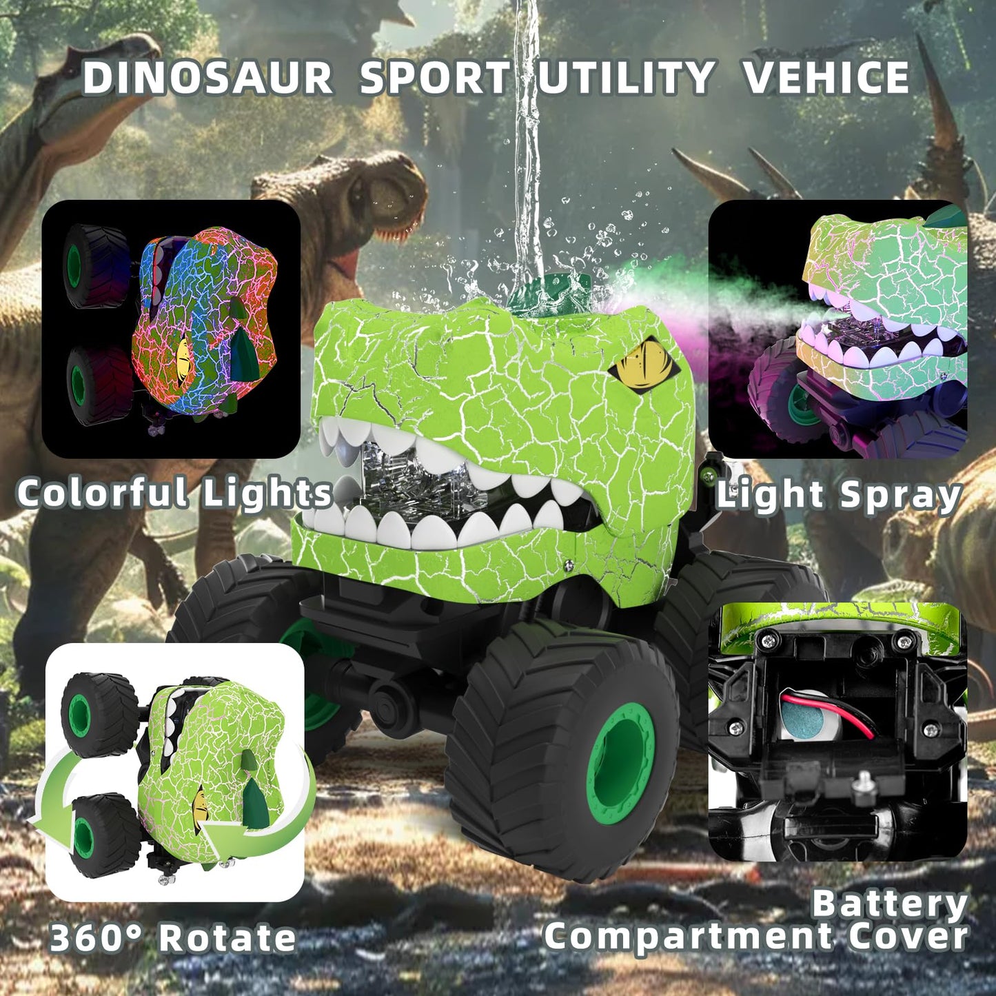 LEFEI Dinosaur Remote Control Car,RC Monster Trucks for Boys 3-12 Year Old,360 Rotating RC Stunt Car Truck Toys with Spray,Light