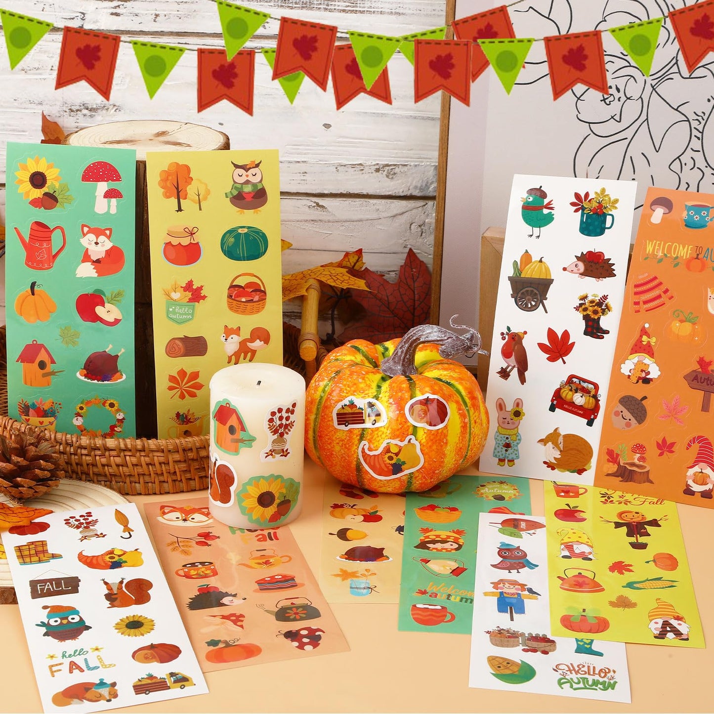 FEBSNOW 100 Sheets Fall Stickers for Kids, Over 1000pcs Assorted Autumn Stickers Thanksgiving Stickers Maple Leaf Stickers for A