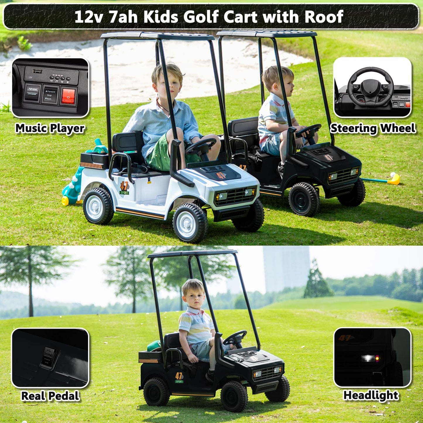 Karbost 12V 7Ah Golf Cart For Kids Boys Girls, Battery Powered Ride On Toys With Parent Remote Control, 2 Seater Ride On Golf Ca