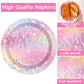 Qyeahkj 100Pcs Iridescent Diamond Birthday Party Plates Napkins Forks Supplies Set Holographic Tableware Party Supplies Gem Ston