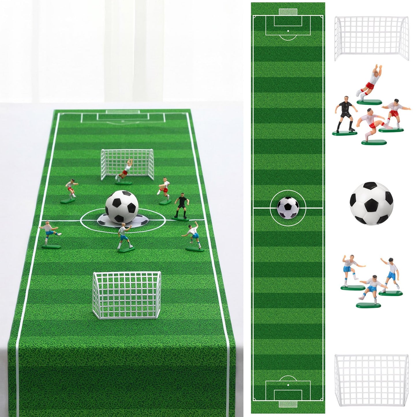 Tiamon Soccer Table Decorations Kit Includes 7 Player Figures, 2 Field Goal Nets, 1 Field Table Runner, 1 Mini Bouncy Ball for S