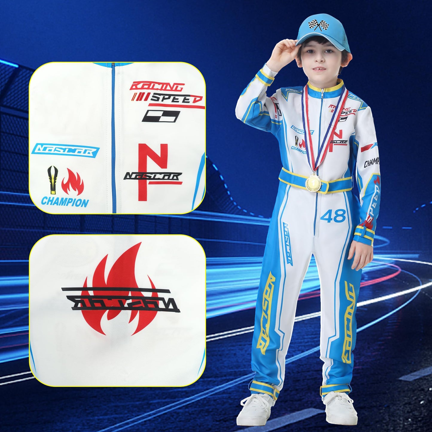 Treyrea Race Car Driver Costume Boys Racer Jumpsuit With Car Cap Kids Dress Up For Halloween (Blue, Xl(For Height 57''-60''))