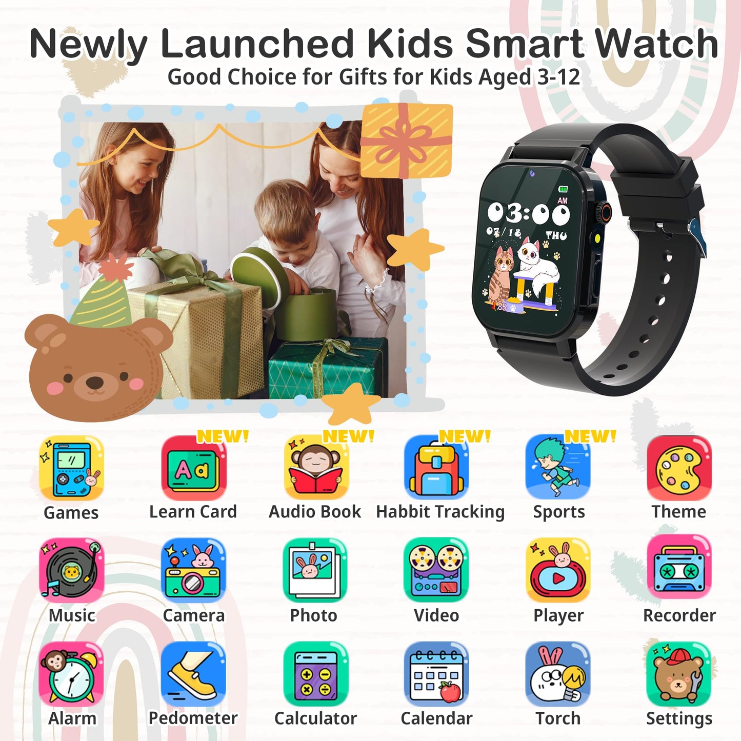 Kids Watch Boys With 32 Games Toys For Ages 3-12 Smart Watch For Kids With Hd Touch Screen,Video,Camera,Music Player,Pedometer,Learn Cards,Audiobook,10 9 8 7 6 5 4 Year Old Boys Birthday Gifts(Black)