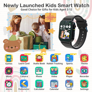 Kids Watch Boys With 32 Games Toys For Ages 3-12 Smart Watch For Kids With Hd Touch Screen,Video,Camera,Music Player,Pedometer,Learn Cards,Audiobook,10 9 8 7 6 5 4 Year Old Boys Birthday Gifts(Black)