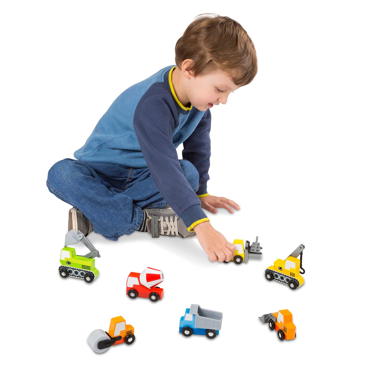 Melissa & Doug Wooden Construction Site Vehicles With Wooden Storage Tray (8 Pcs) Construction Toys, Vehicle Toys, Cars For Toddlers And Kids Ages 3+