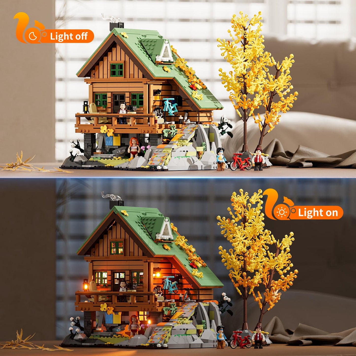 FUNWHOLE Mountain-Cabin Lighting Building Set - 2255 Pcs LED Light, Brown, Model F9035 for Adults and Teens
