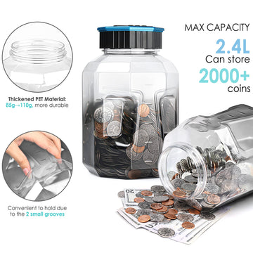 X-Large Piggy Bank For Adults Kids, Vcertcpl Digital Coin Counting Bank With Lcd Counter, 2.4L Capacity, Great Coin Counter Bank Money Counting Jar With Total Amount Displayed (G Gray, X-Large)