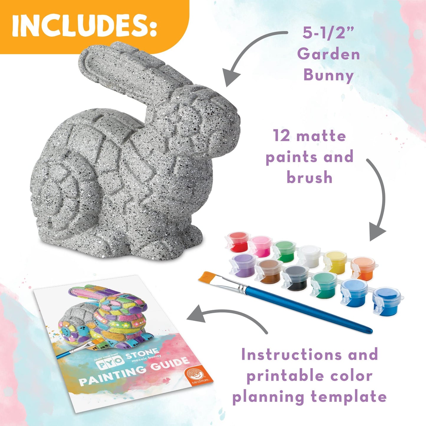 Mindware Paint Your Own Stone Bunny Rabbit - Mosaic Stepping Stone Craft Kit For Kids Includes Paint And Brush, Made Of Weather Resistant Cement