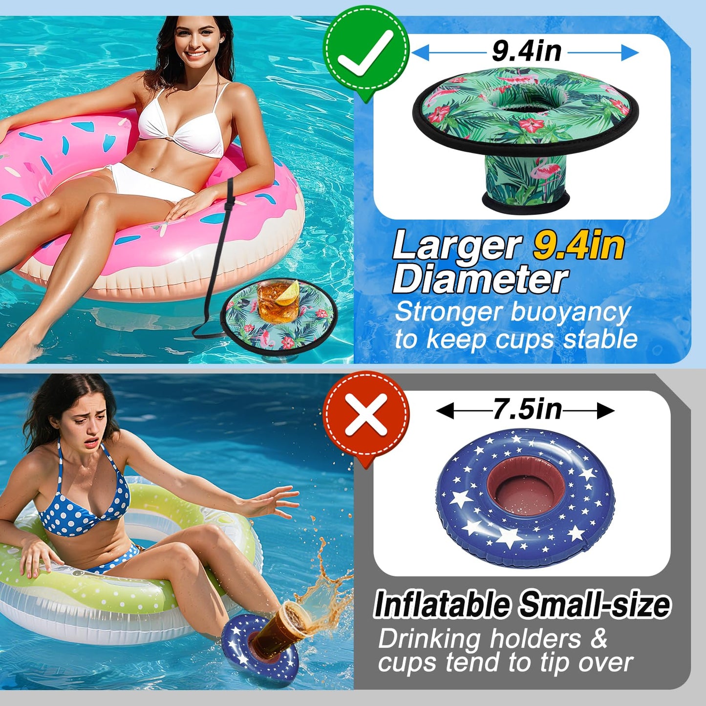 Drink Floats For Swimming Pool - Fit 2.75In Dia. Can Glasses Floating Drink Holder With Lanyard, 3.4In Large Size Neoprene Cup F