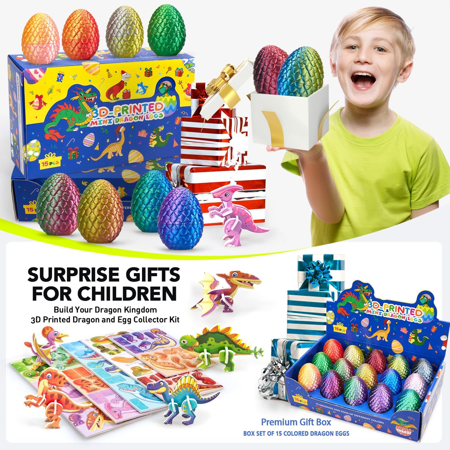 Dak Haan 15PCS 3D Printed Dragon Egg 3D Dragon Eggs Set with Display Stand Mini Dragons Eggs Set Fidget Toy Cool Stuff Fun Gifts DIY Craft Kit Dino Eggs for 5-7 4-6 8-12 Year Old Boys Girls