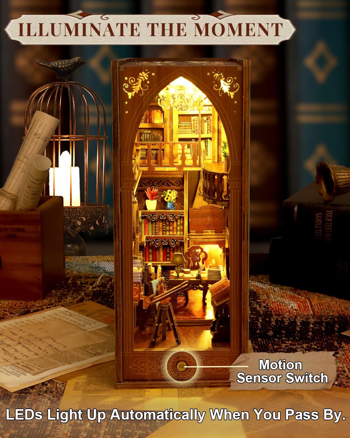 Ourmiao Book Nook Kit Library, Diy Booknooks Kit For Adults Teens With Sensor Lights, Bookshelf Diorama Miniature Scenes Insert