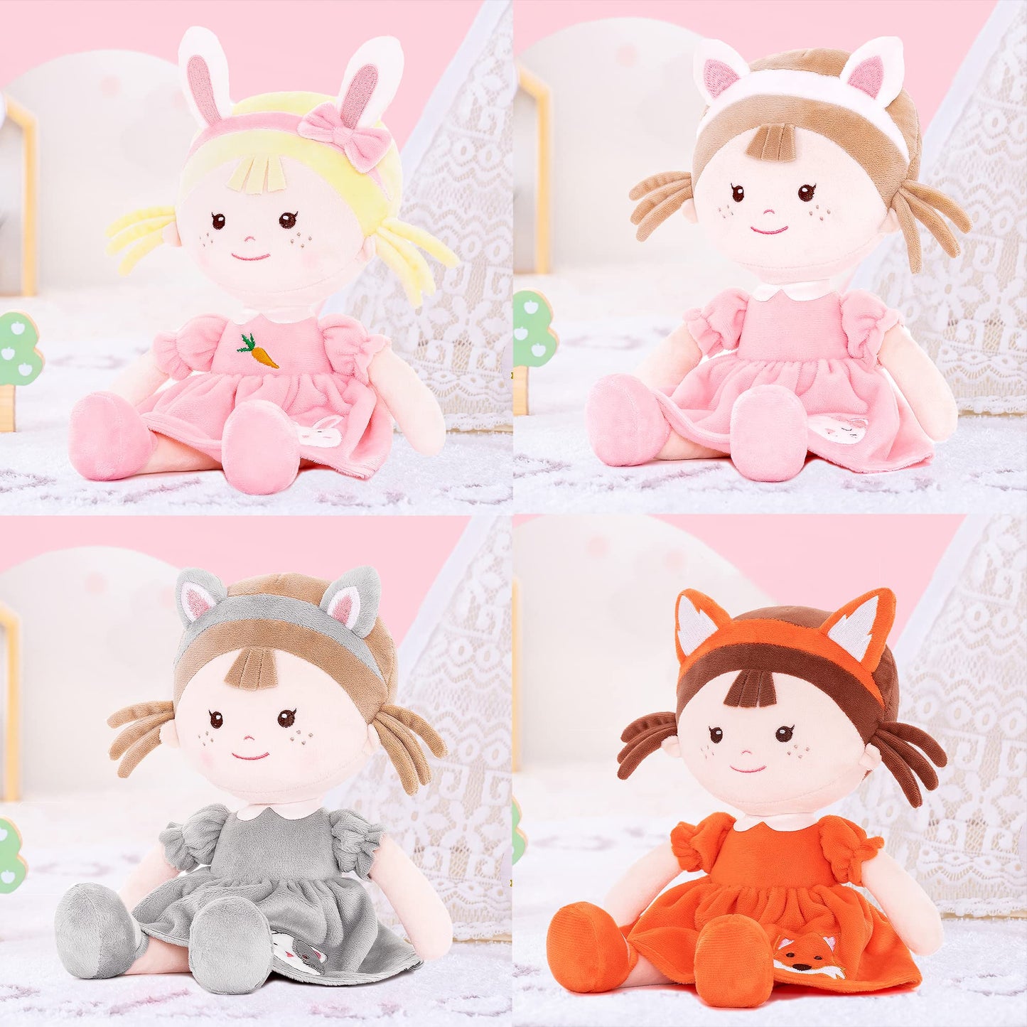 Onetoo First Baby Doll Plush Rag Doll Sleeping Cuddle Buddy Doll Soft Baby Doll For Girls Wear Fox Costume Reddish Brown Dress14(Milly Series)