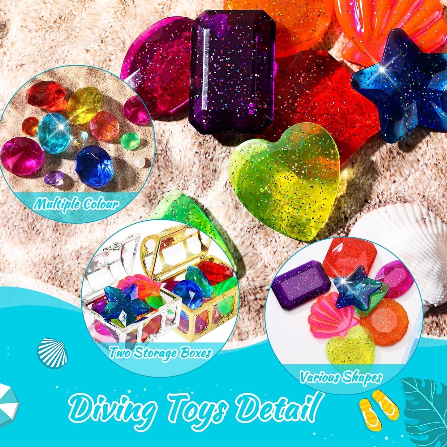 Marforever 22 Pcs Diving Gem Pool Toys, Colorful Large Acrylic Diamond Pool Gems With 2 Pirate Treasure Chest Boxes Dive Throw T