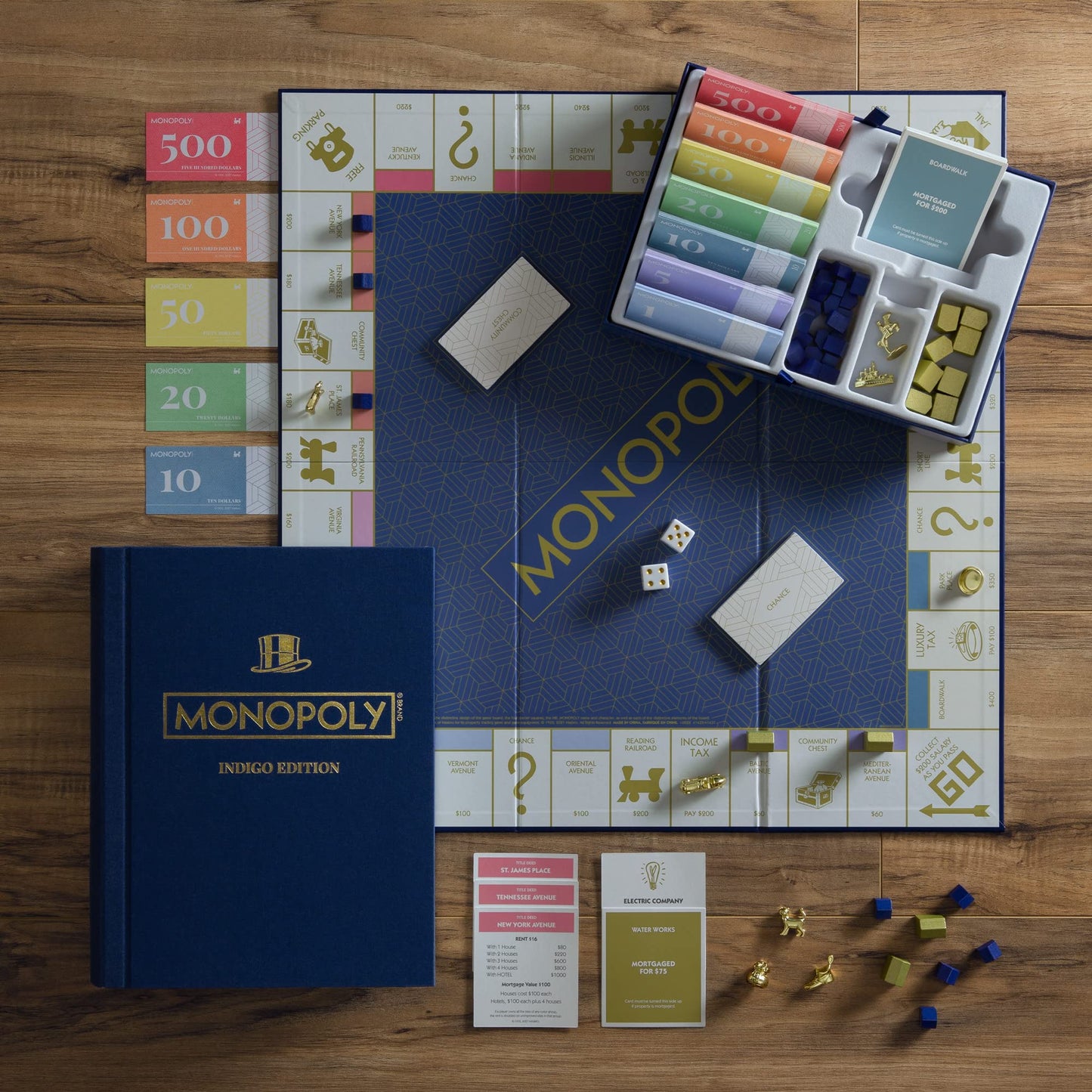 WS Game Company Monopoly & Scrabble Indigo Bookshelf Game Collection - Linen, Model 41435