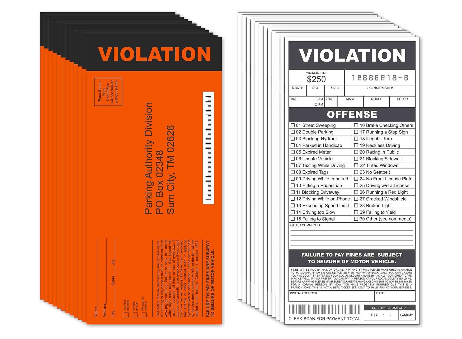 Fake Parking Tickets Prank - Qty 25, Joke Violation Parking, Funny Gag Pretend Police Traffic And Safety Car Citations, Kid Friendly