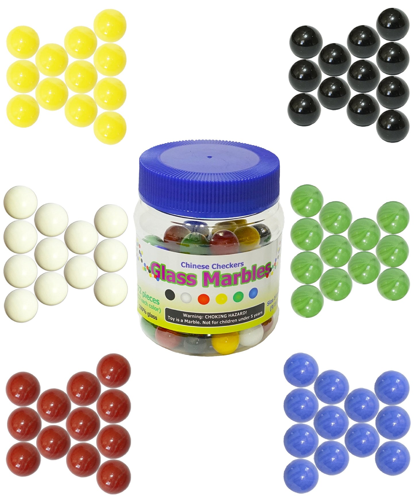 Super Value Depot Chinese Checkers Glass Marbles. Set Of 72, 12 Each Color. Size 9/16    (14Mm), With Practical Container.
