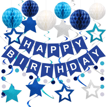 Meowtastic Birthday Decorations, Happy Birthday Banner With Honeycomb Balls, Stars Hanging Swirl Streamers, Circle Dots Garland, Happy Birthday Party Decorations For Women Men Boys Girls (Navy Blue)
