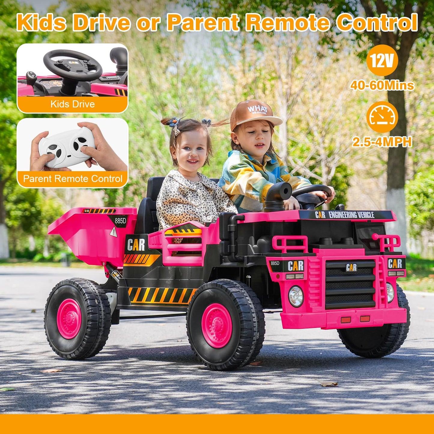 12V Kids Ride On Dump Truck 2-Seater, Electric Ride On Toy Car Construction Vehicle Truck For Girls, Remote Control, Key Start,