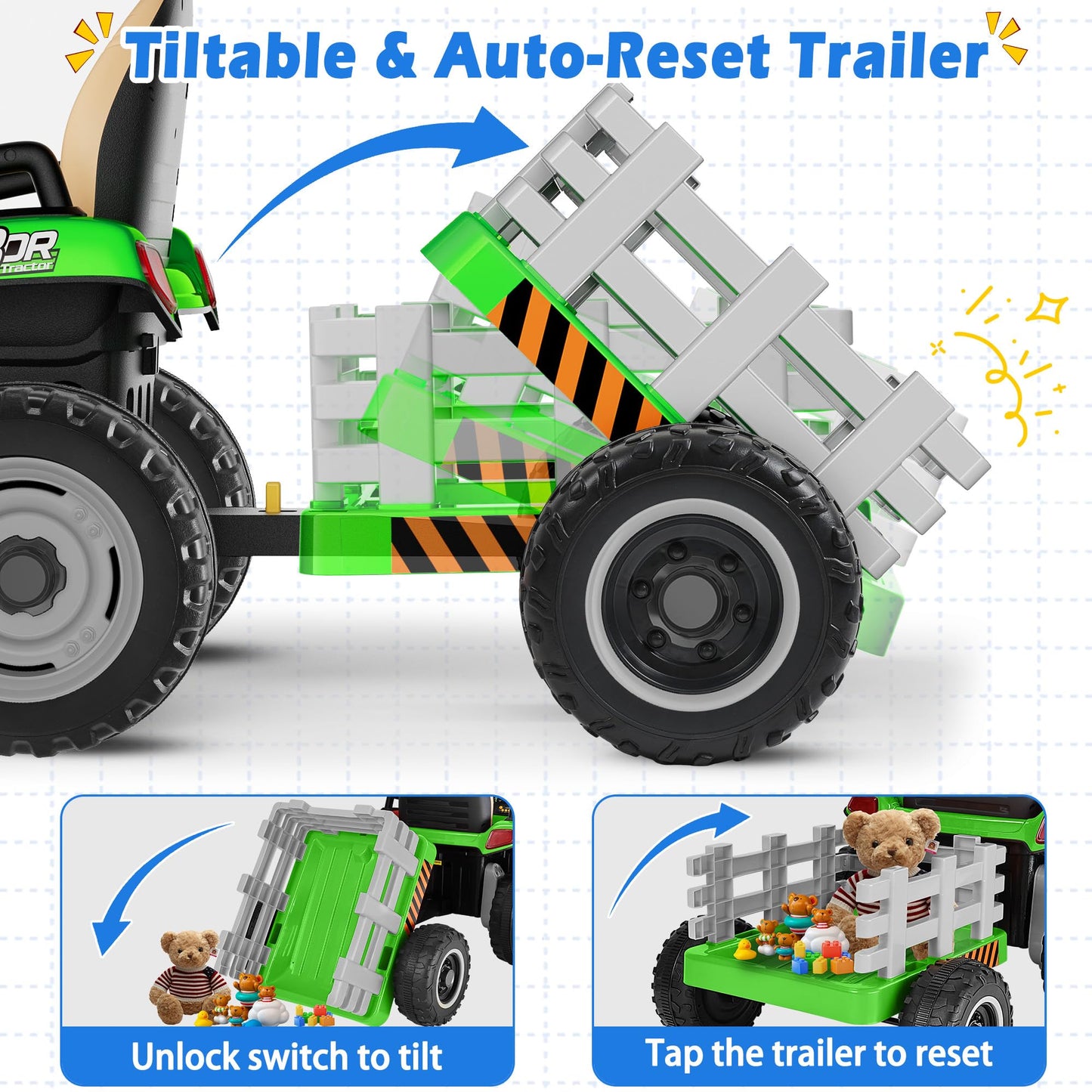ARBELI 24V Ride On Tractor - Green, 2x65W Motors, EVA Tires, Remote Control, Bluetooth, Model BBH-030