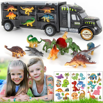 Dinosaur Truck Toy Carrier - Dino Trucks for Boys Includes 12 Kids Dinosaur Toys & Temporary Dinosaur Tattoos, Dinosaur Car Tran