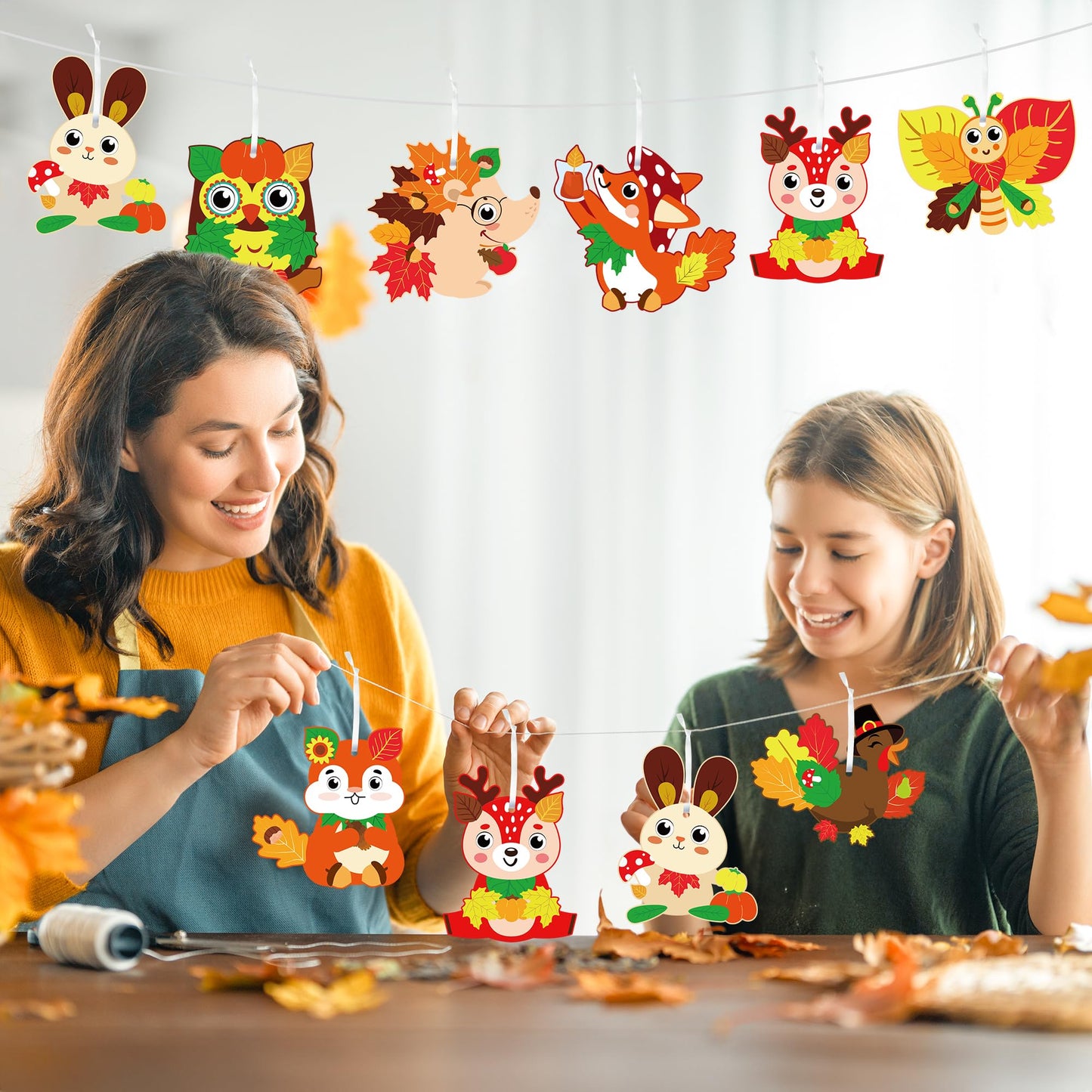 WATINC 123pcs Fall Craft Kits for Kids, Cute Animals Hanging Ornaments DIY Maple Leave Sticker Crafts with String, Fall Autumn T