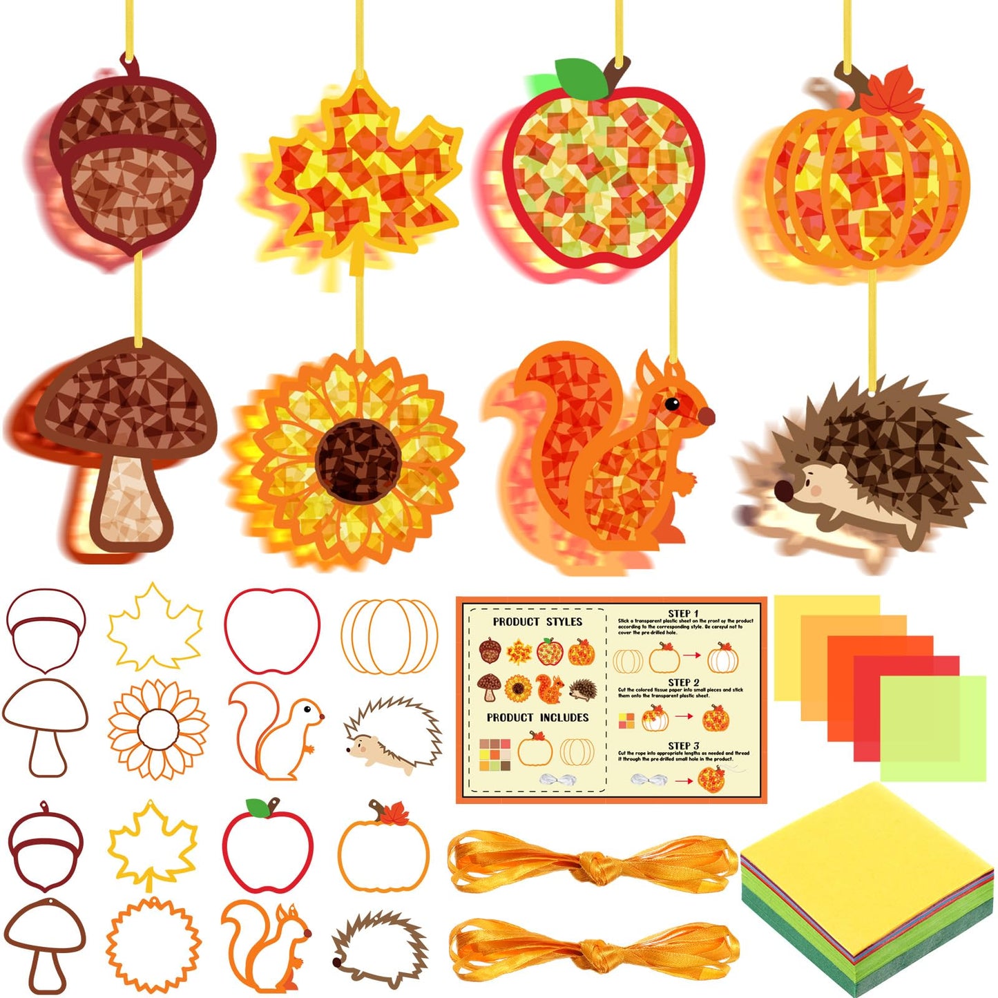 Funrous 32 Set Fall Suncatcher Craft Kit Autumn Harvest Suncatcher Paper Crafts with Tissue Paper DIY Window Stained Glass Effec
