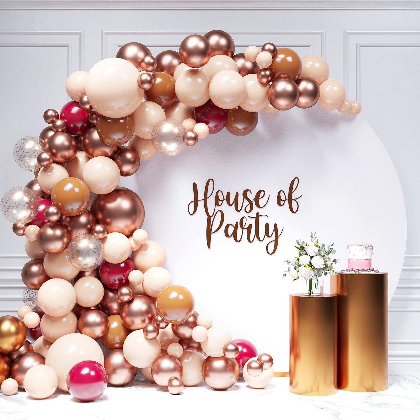 House Of Party Burgundy Balloon Garland Kit - 158 Pcs Metallic Rose Gold, Pink, Burgundy And Gold Balloons Arch Kit For Graduati