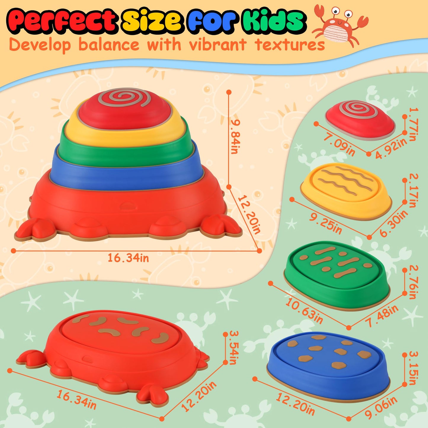 Kirumie Crab Stepping Stones For Kids, Non-Slip Plastic Balance River Stones For Kids, Promoting Children 'S Coordination Skills