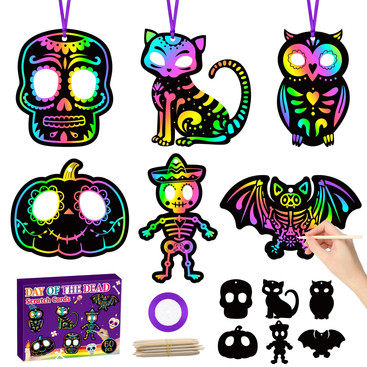 CY2SIDE 60PCS Day of The Dead Skeleton Scratch Card Gift Set for Kid, DIY Mexican Fiesta Scratch Paper Kit for Student School Ac