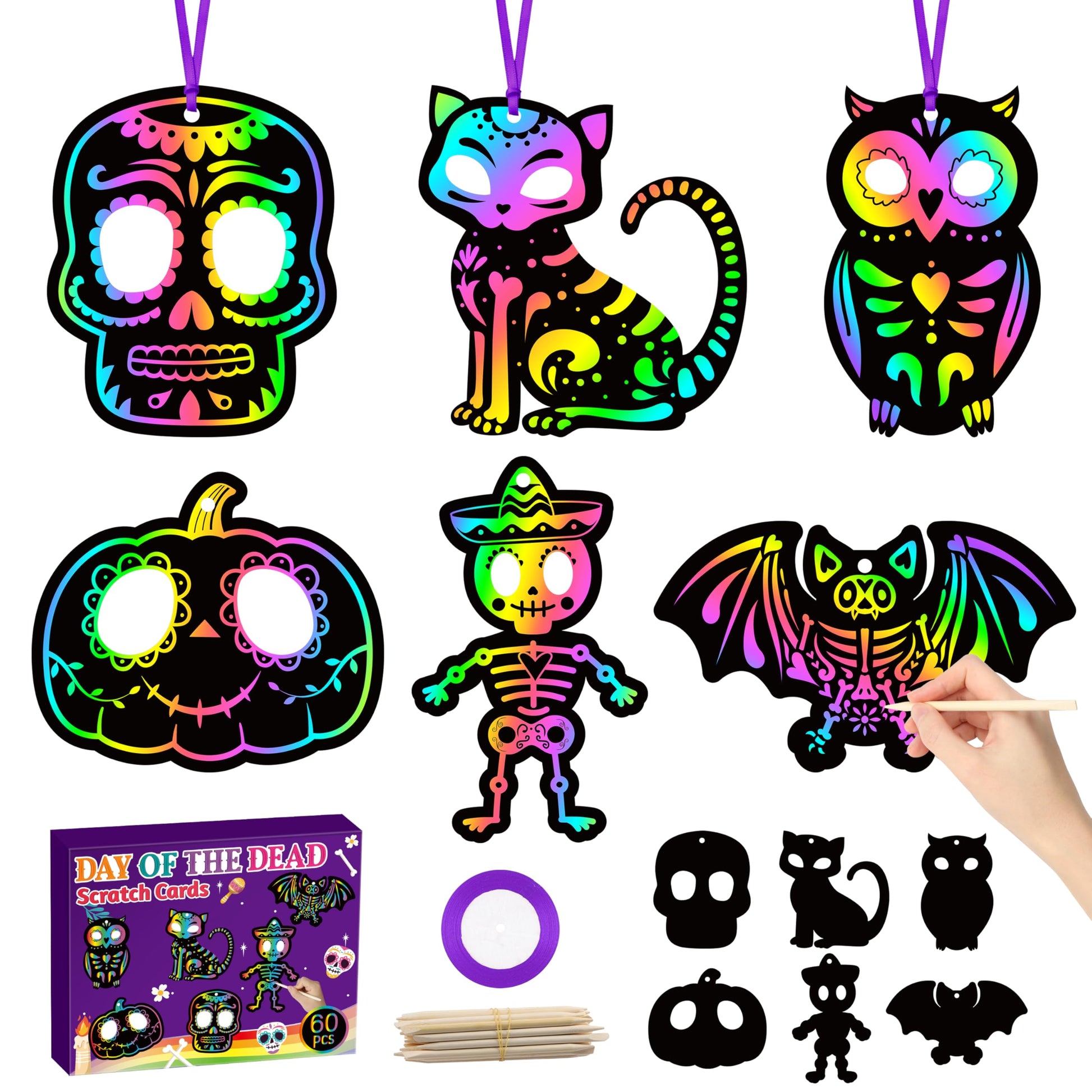 CY2SIDE 60PCS Day of The Dead Skeleton Scratch Card Gift Set for Kid, DIY Mexican Fiesta Scratch Paper Kit for Student School Ac