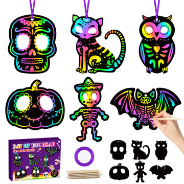 CY2SIDE 60PCS Day of The Dead Skeleton Scratch Card Gift Set for Kid, DIY Mexican Fiesta Scratch Paper Kit for Student School Ac