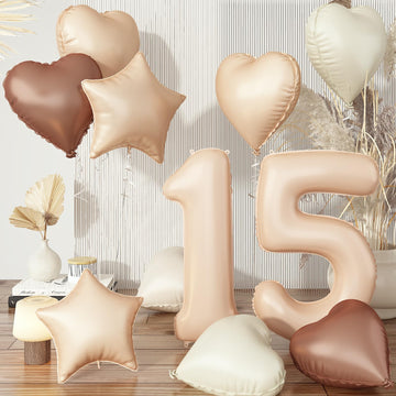 Large 15 Balloons Nude, Foil Brown Cream Apricot Beige Tan Number 15 Balloons Decor, Helium Sand White Taupe Neutral Heart Star