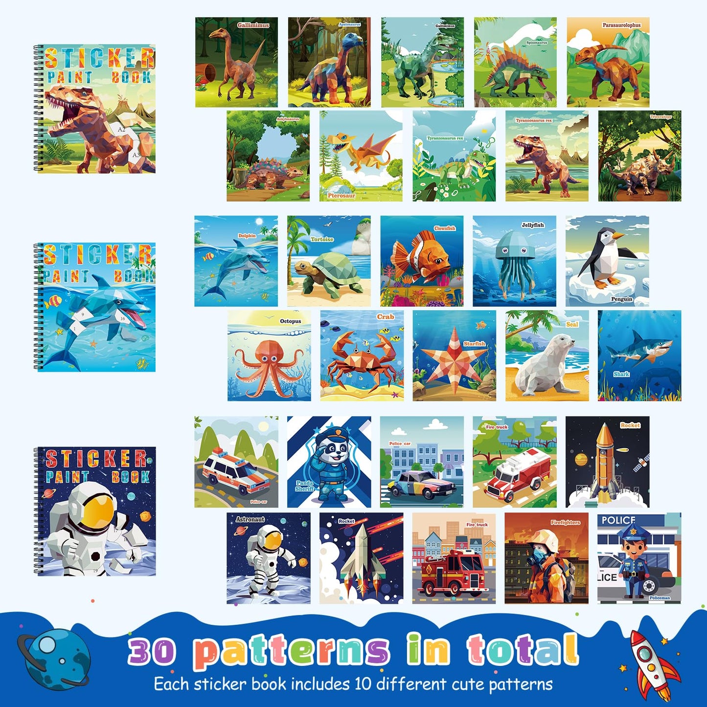Homicozy 3Pcs Sticker Paint Books For Kids Ages 4-10,Dinosaur Astronaut Ocean Animals Designs Paint By Stickers,Sticker By Numbers,Party Birthday Gifts For Boys 4-10,Create 30 Pictures At A Time