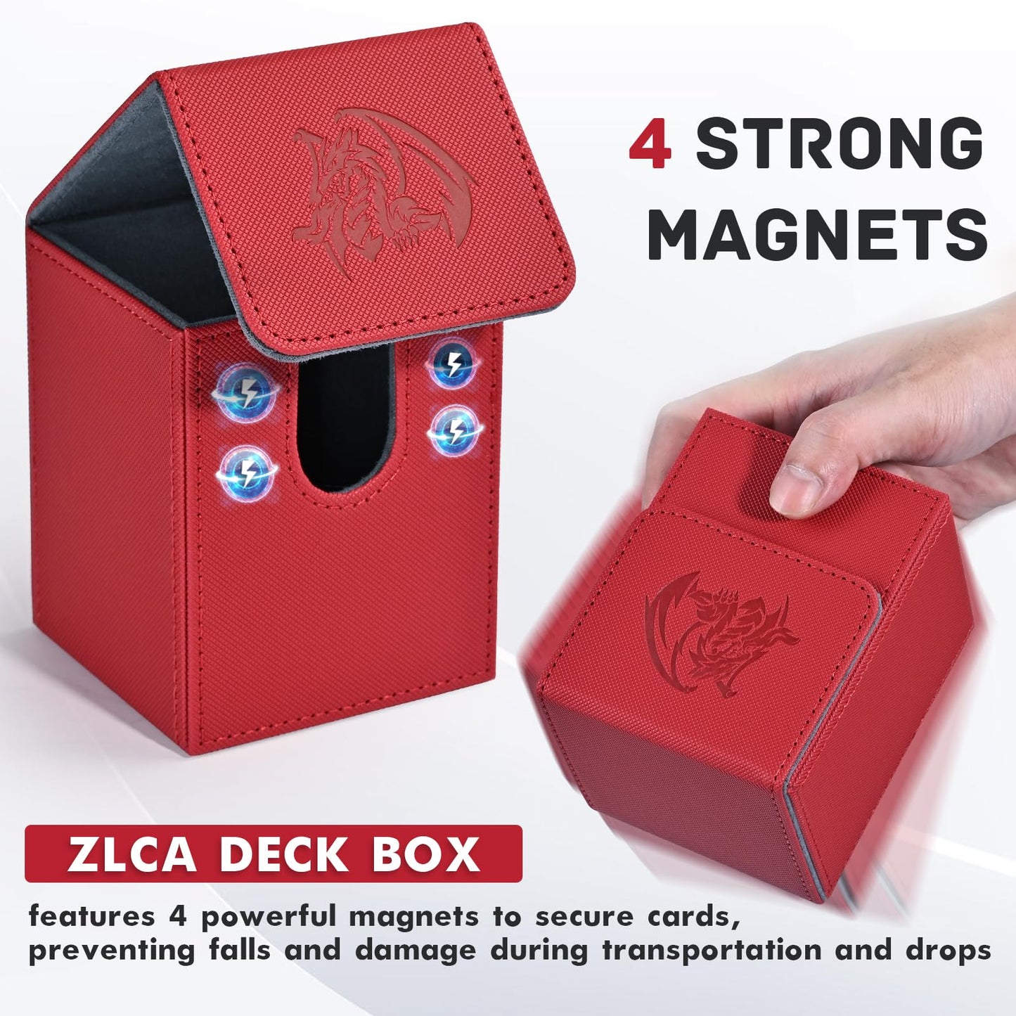 Zlca Card Deck Box For Trading Cards With 2 Dividers, Card Storage Box Fits 100+ Single Sleeved Cards, Pu Leather Strong Magnet Card Deck Case Holder For Magic Commander Tcg Ccg (Red,Emperor Dragon)