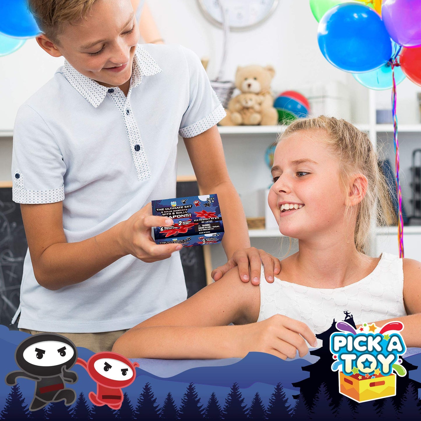 PICK A TOY 12 Pc. Ninja Toys Set with Stretchy Flying Ninjas and Colorful Throwing Stars Slingshots, Flexible and Sticky Elastic